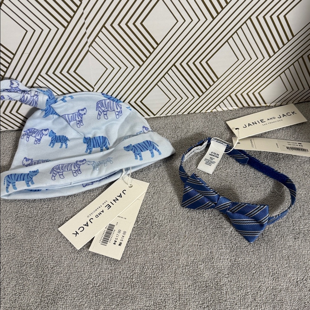 Janie and Jack hat NWT Blue tiger 0-3m 100% cotton and new Striped Bow Tie 0-24m
